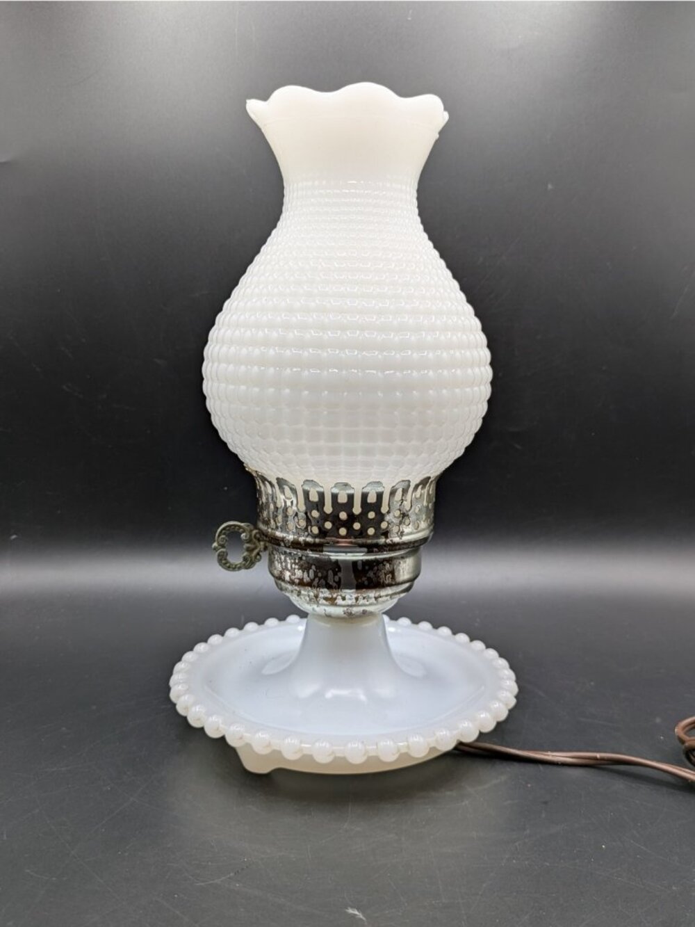 Vintage Hobnail Milk Glass Electric Hurricane Lamp Parlor Table 11"